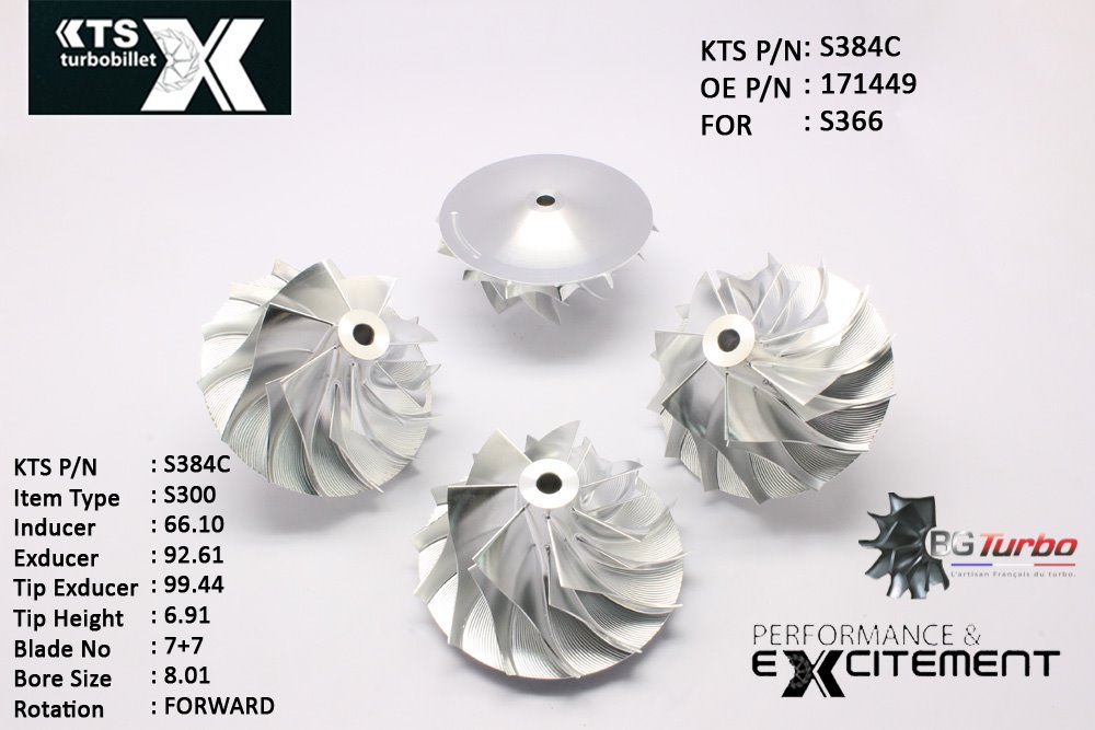 Turbo ROUE FORGÉE MFS PERFORMANCE - 7+7 PALES - INDUCER : 66,1 - EXDUCER : 92,61 - TYPE : S300ANGLE : 45° - ROTATION : Forward - SUPER BACK : 6,95 - BORE SIZE : 8,01
